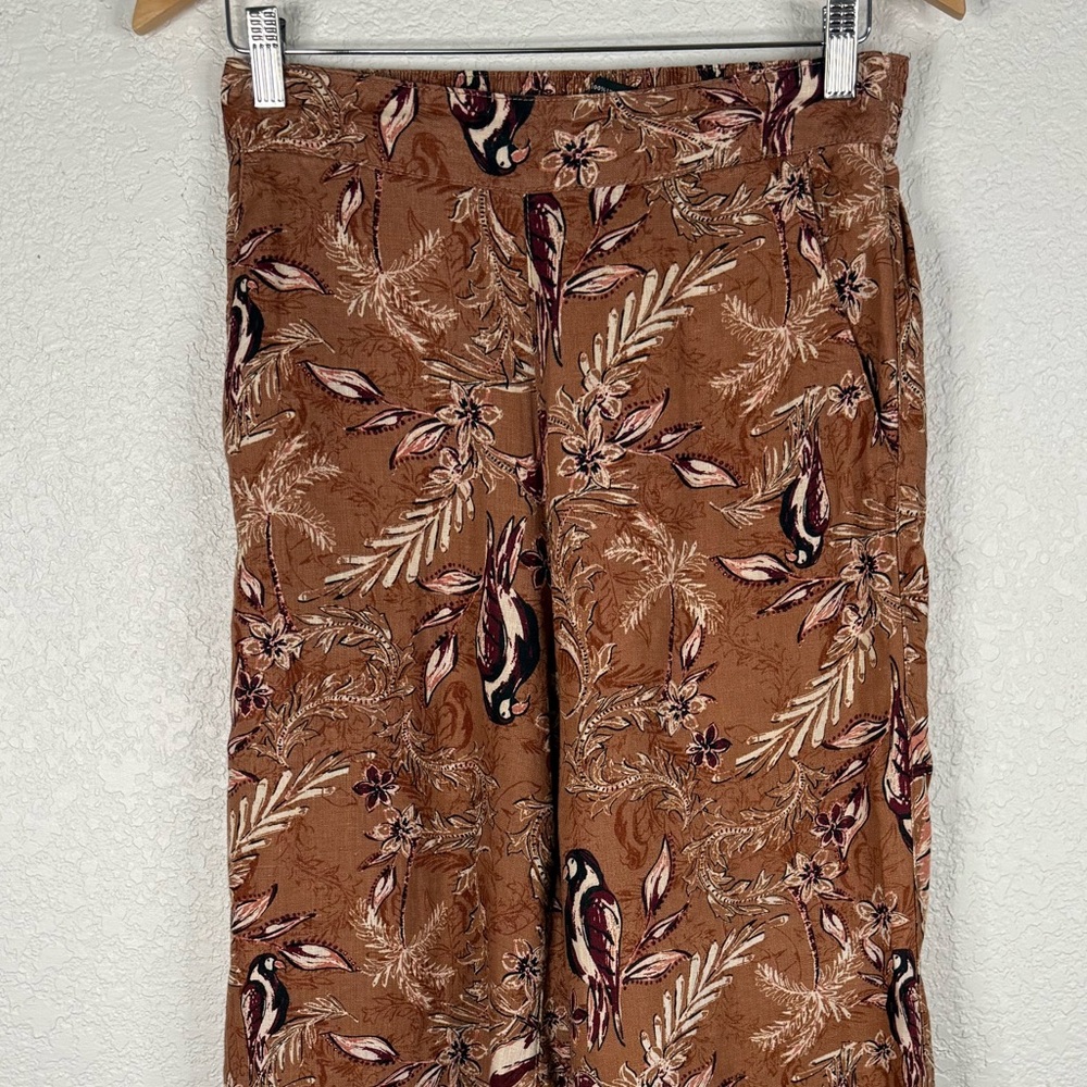 Tahari 100% Linen Floral & Bird Patterned Brown Pants Pockets Vacation Novelty - Picture 2 of 7